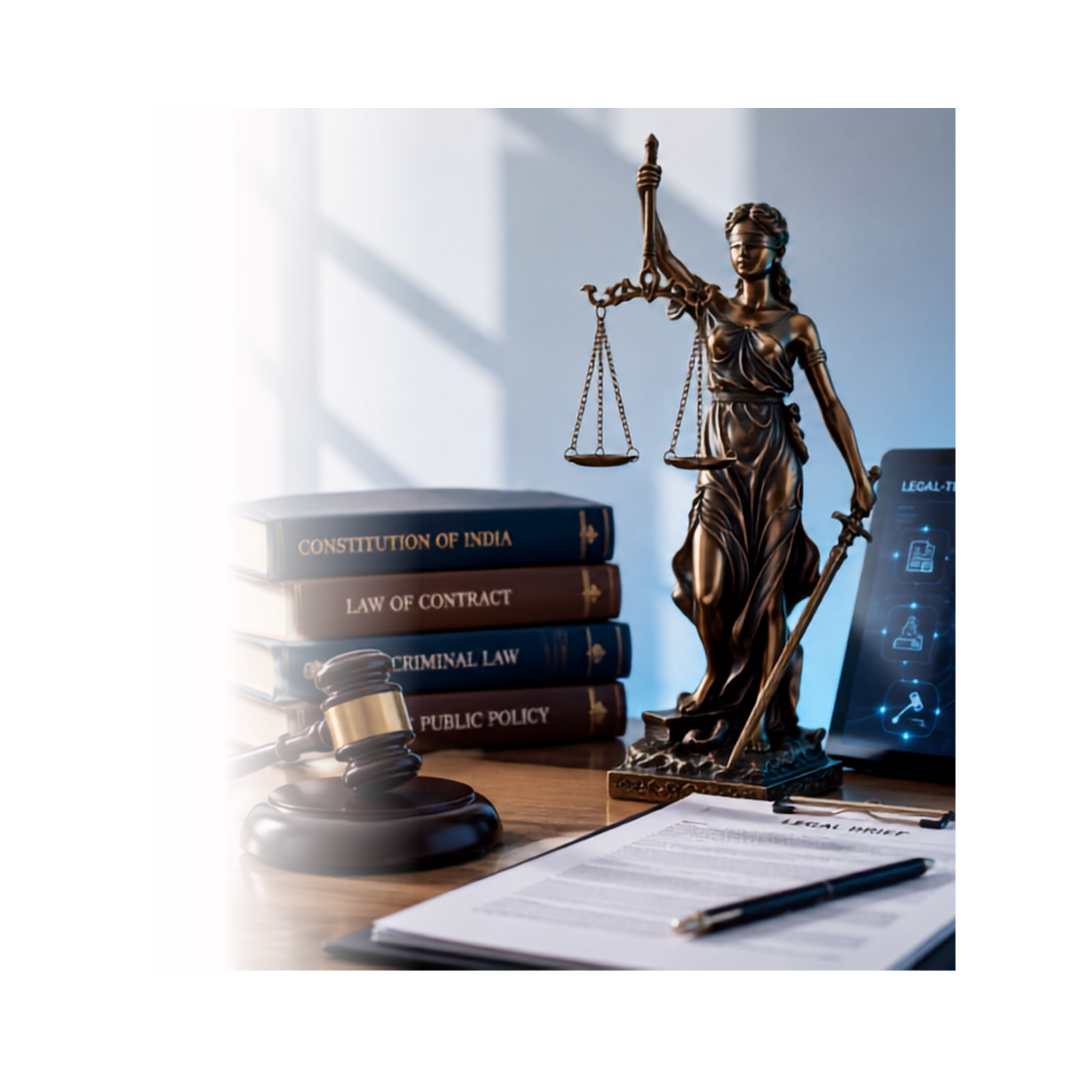 Lady Justice statue with law books, gavel, and legal-tech tablet