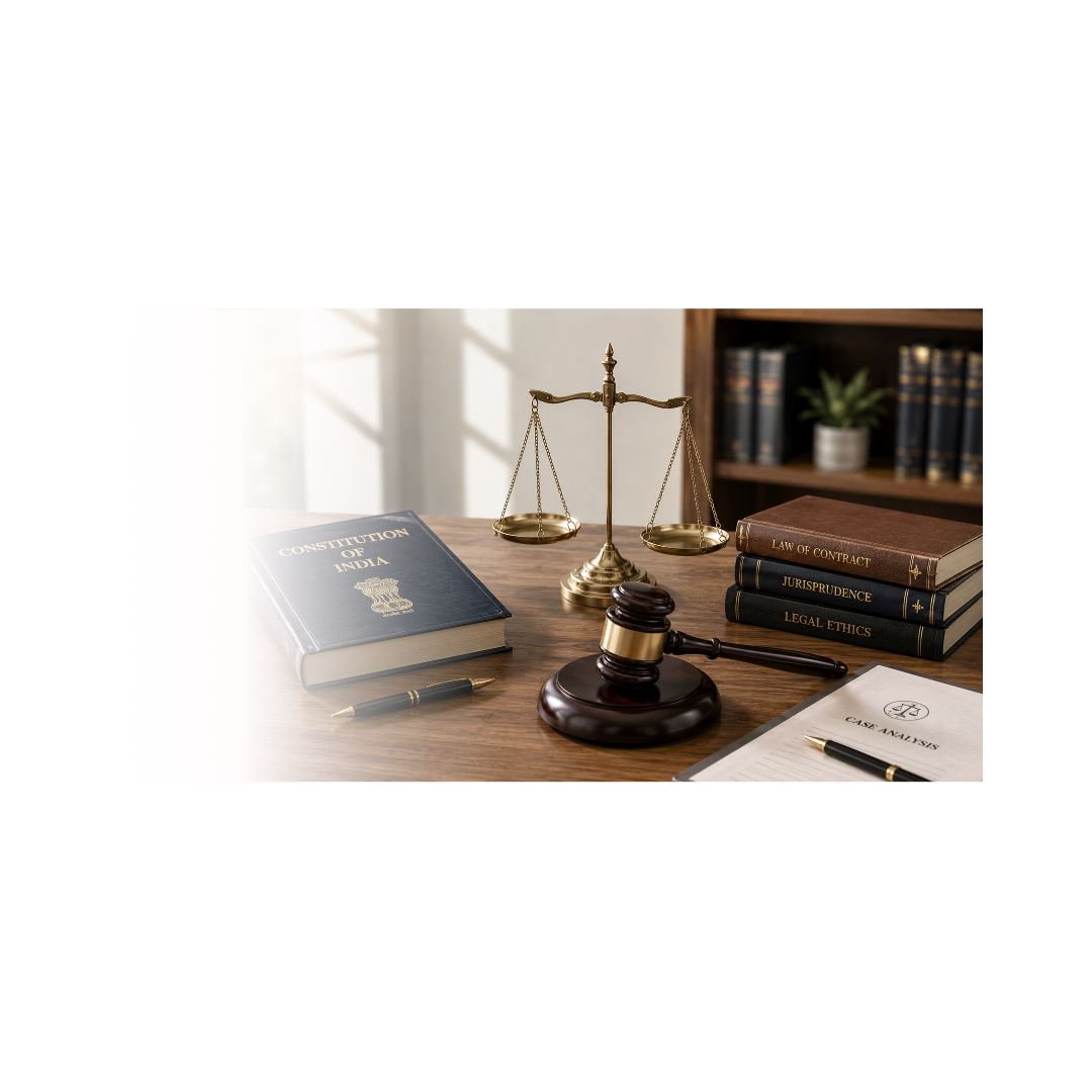 Scales of justice, gavel, and law books on a desk