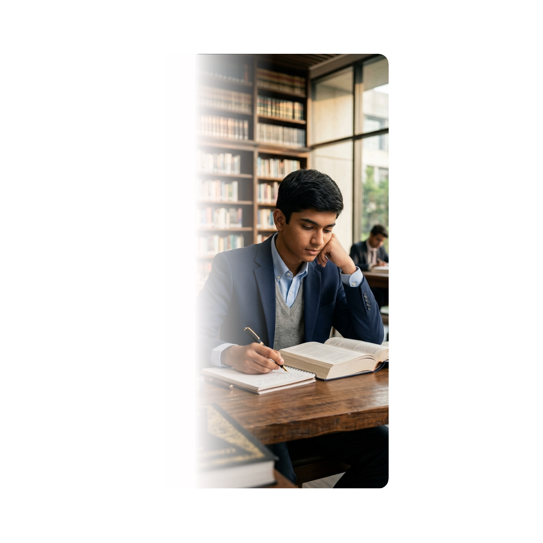 Student studying law books in a library