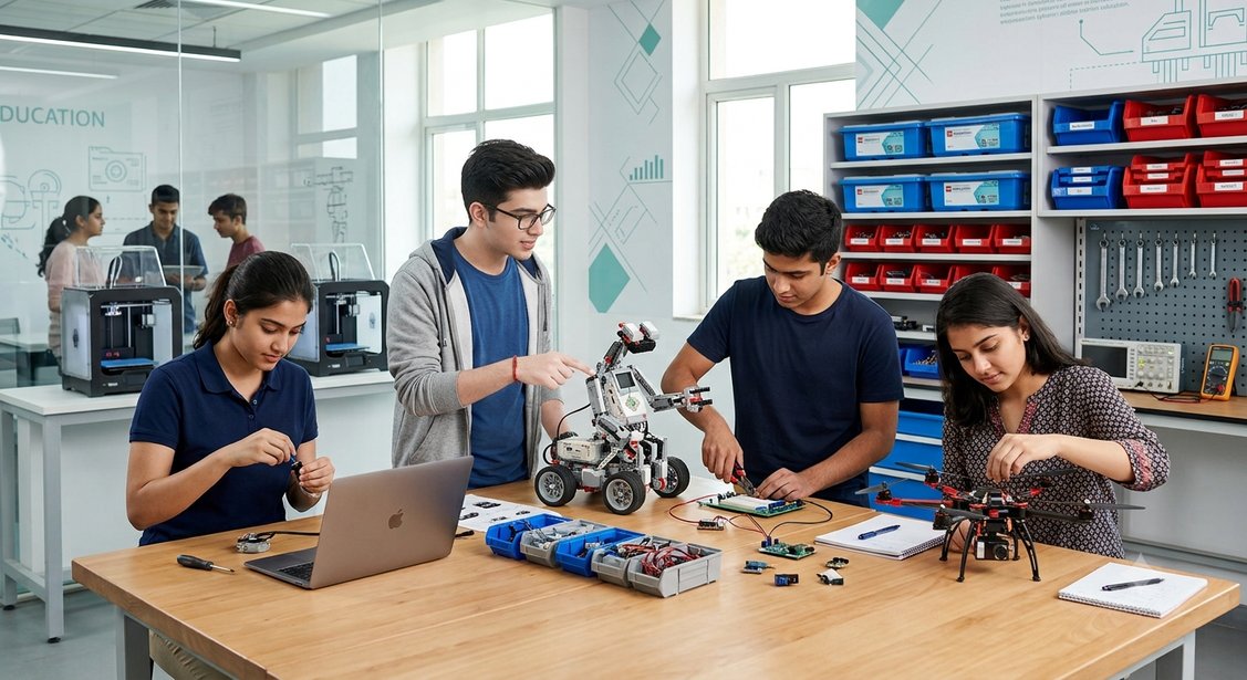 Students building a robot